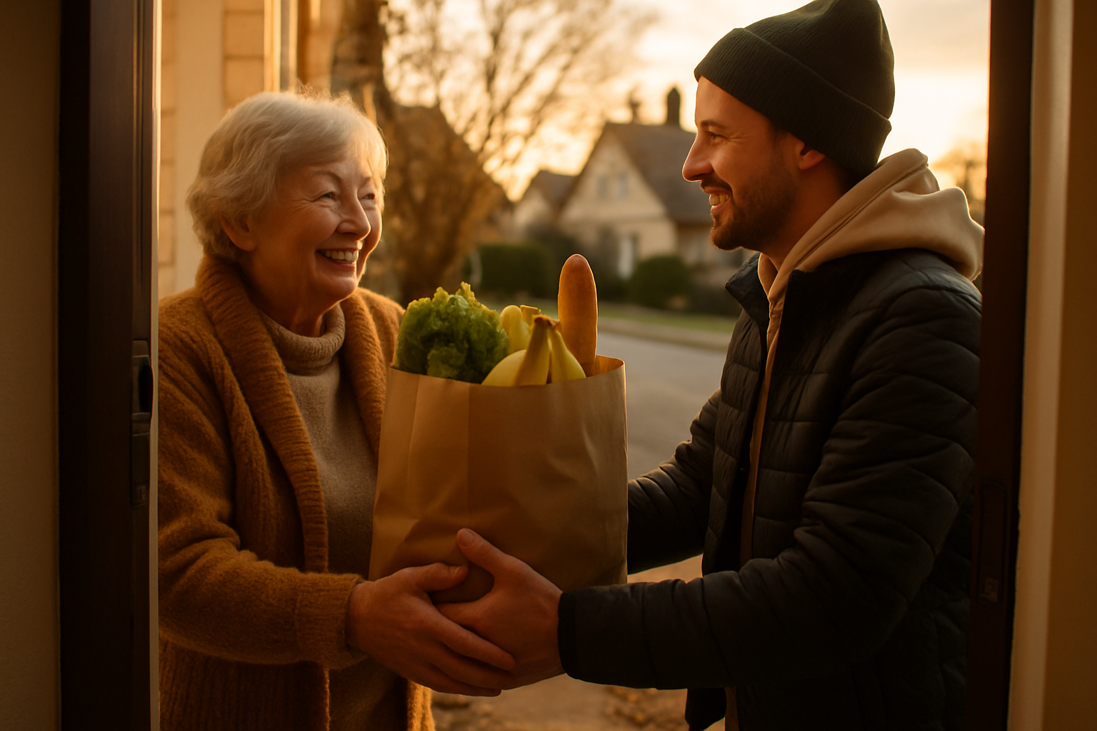 Un épicier remettant un sac de provisions à une cliente souriante à sa porte